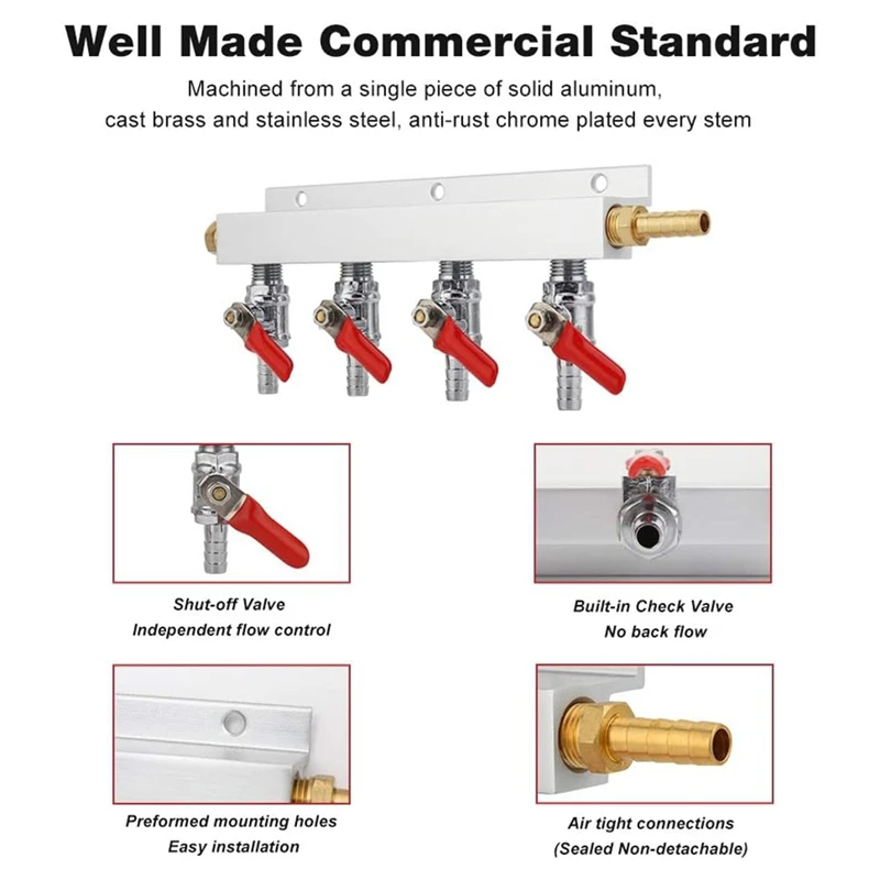 4-Way Gas Manifold 5/16Inch Barbed Integrated Check Valve CO2 Distributor 4-Way CO2 Manifold Gas Distributor