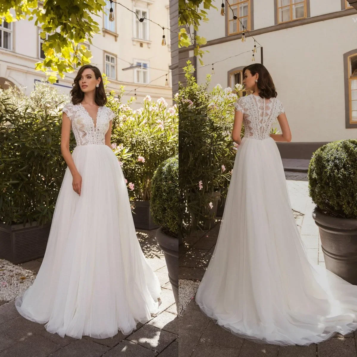 Robe de Mariée Élégante et Magnifique, Grande Taille, Ligne A, Sexy, Col en V, Manches, Chapeau, Appliques avec lèvent, après Balayage, Train