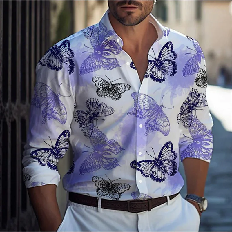 Autumn new men's long-sleeved shirt 3D printing casual fashion flying butterfly pattern long-sleeved men's cardigan shirt