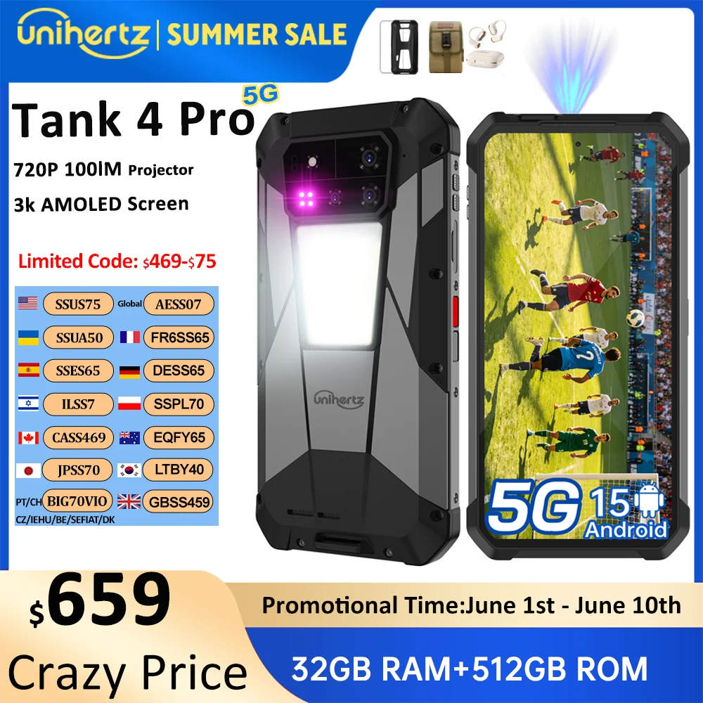 Unihertz Tank 4 pro 8849 teléfono resistente 5G AI proyector 720P