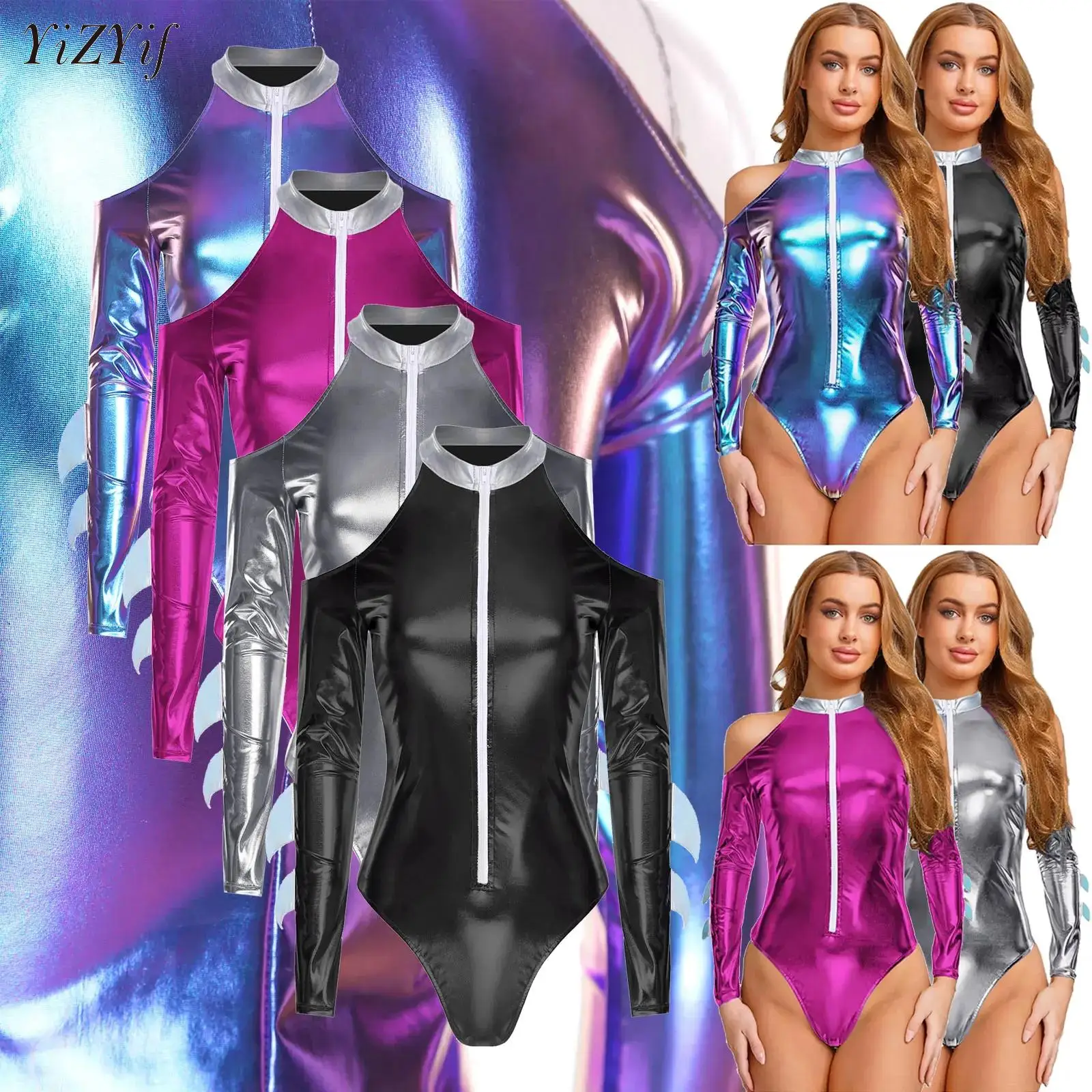 

Women Shark Role-Playing Costume Cold Shoulder Long Sleeve Metallic Bodysuit for Halloween Theme Party Fancy Dress Ball Clubwear