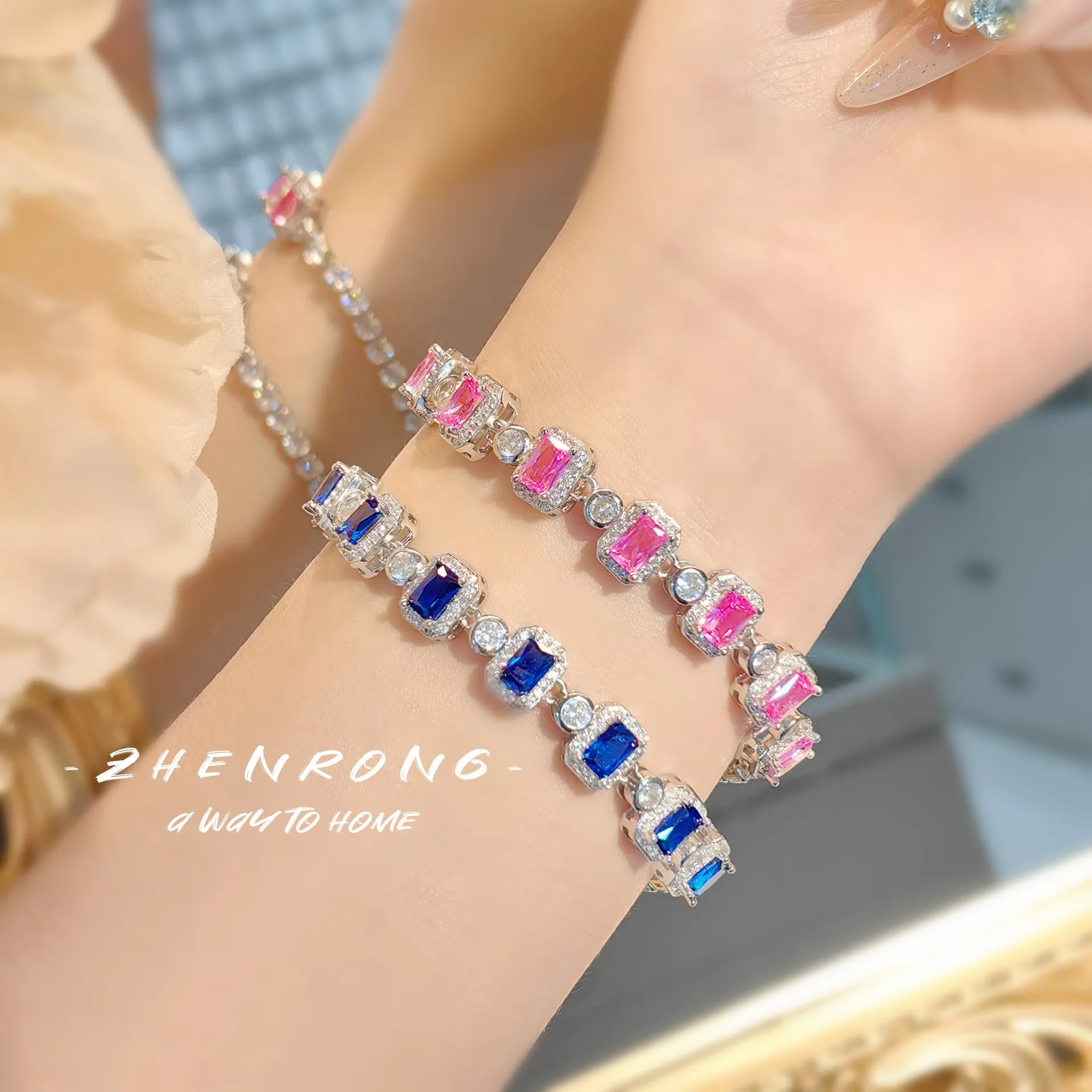 Foydjew Exquisite Luxury Pink/Blue Cobalt Spinel Crystal Bracelets Women's Fashion Silver Color Cahin Bracelet Hand Accessories