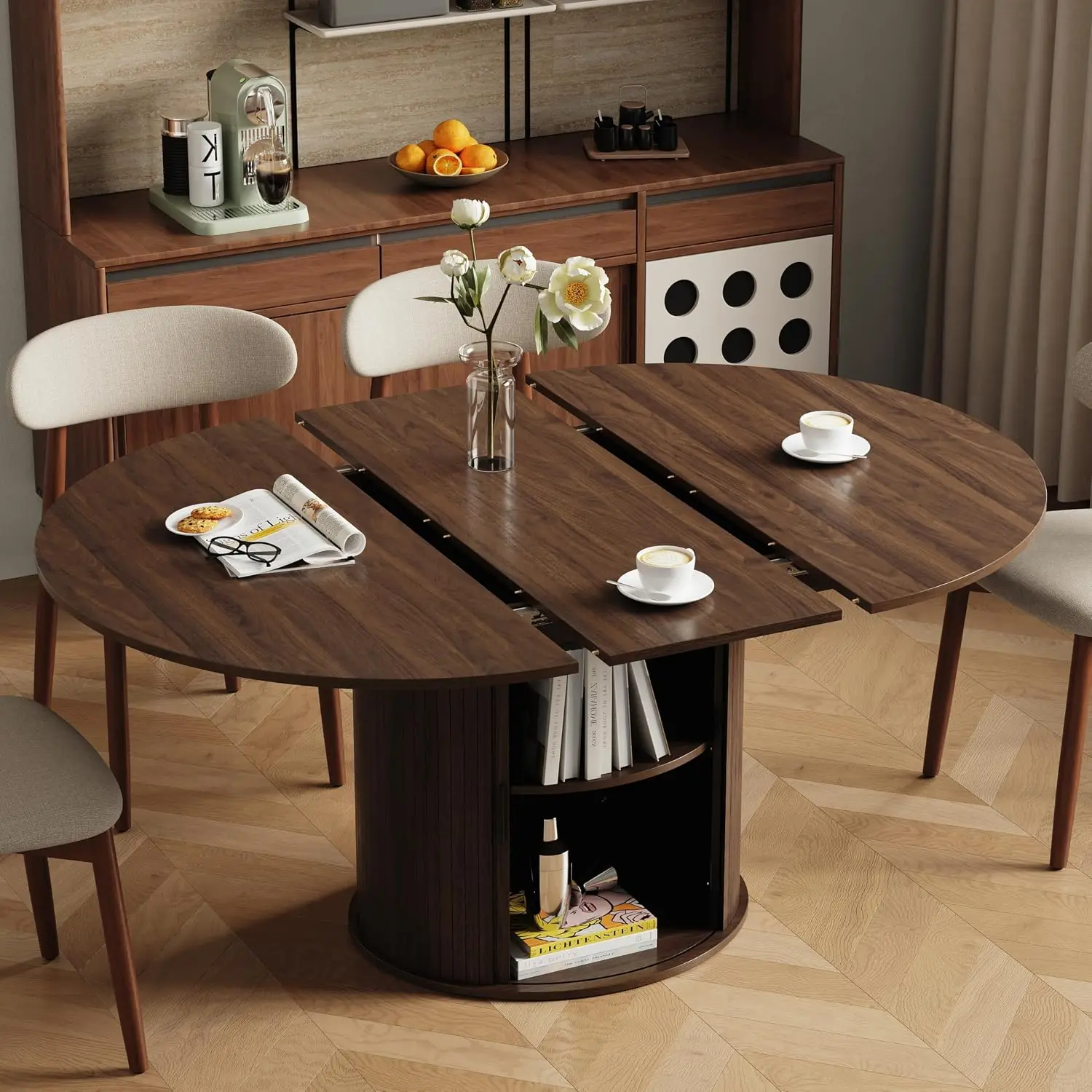 47''-63'' Extendable Round Dining Table, Round Dining Room Table for 4-6 | Wood Kitchen Table with Hidden Storage,, Customized