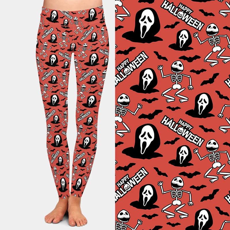 LETSFIND Fashion Womens Sexy Leggings Happy Halloween Pattern with Human Bone and Grim Reaper Print High Waist Stretch Leggings