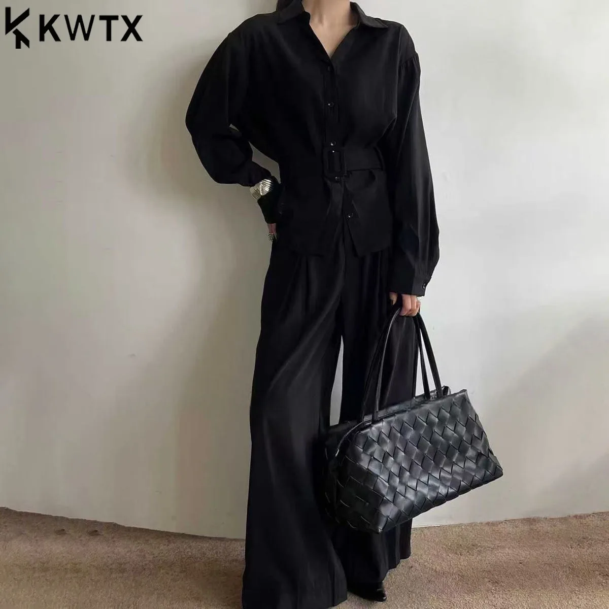 

KWTX Женский повседневный однотонный комплект из 2 предметов: рубашка, топ и брюки с поясом с лацканами, облегающий крой, элегантный, шикарный, удобный, весна-лето