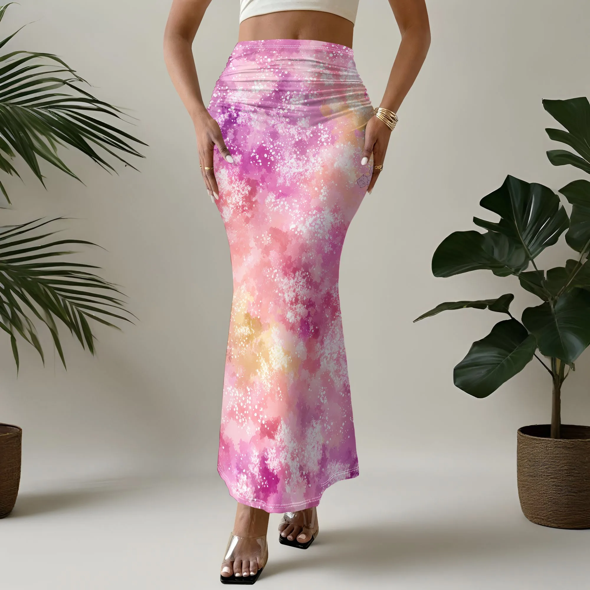 Pink Galaxy Print Mermaid Skirt Abstract Nebula Pattern High Waist Bodycon Long Skirt for Women Summer Beach Party Wear