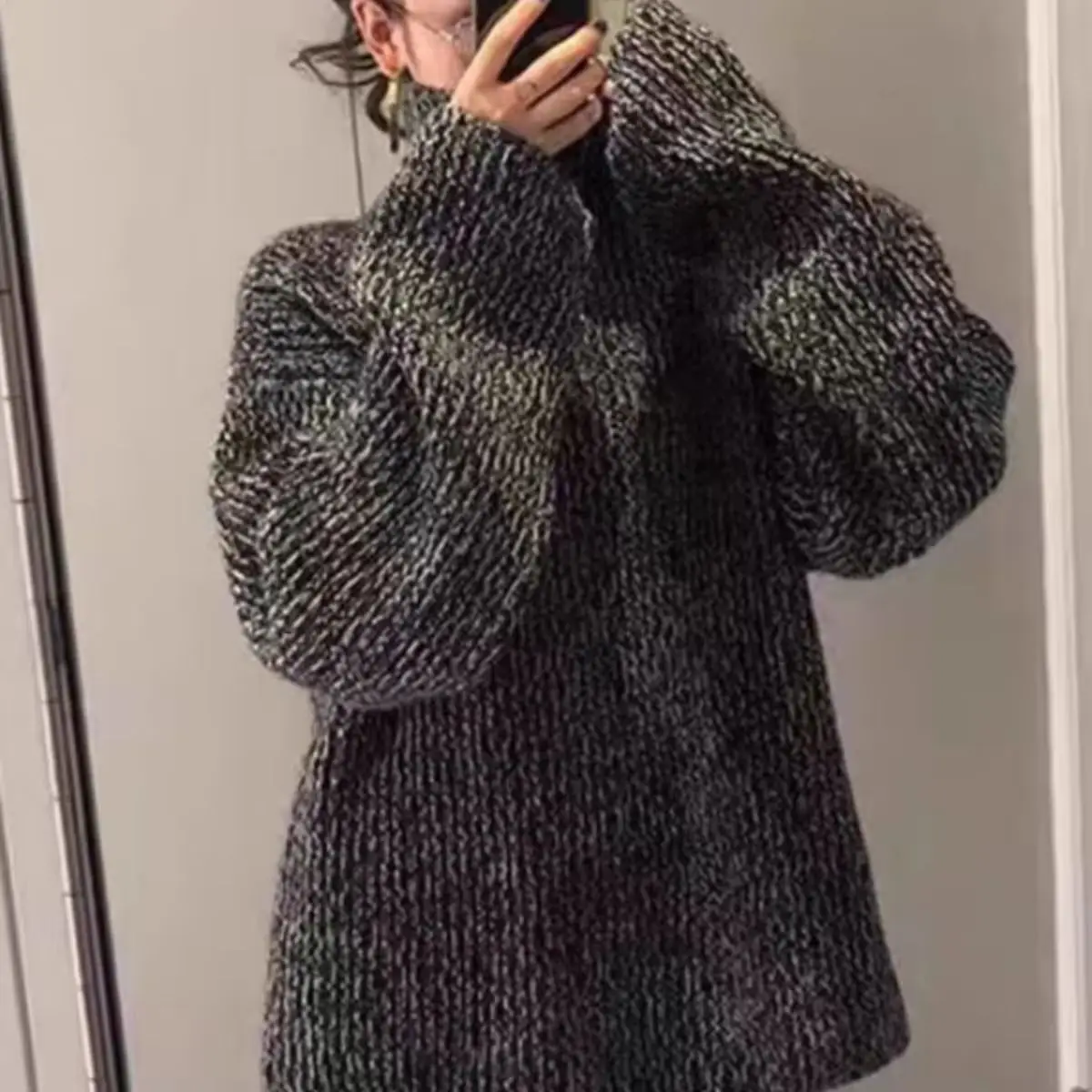 

Women's 100% Pure Cashmere Sweater Flower Yarn Grey Turtleneck Loose Bottoming Autumn Winter Lazy Fit Sweater