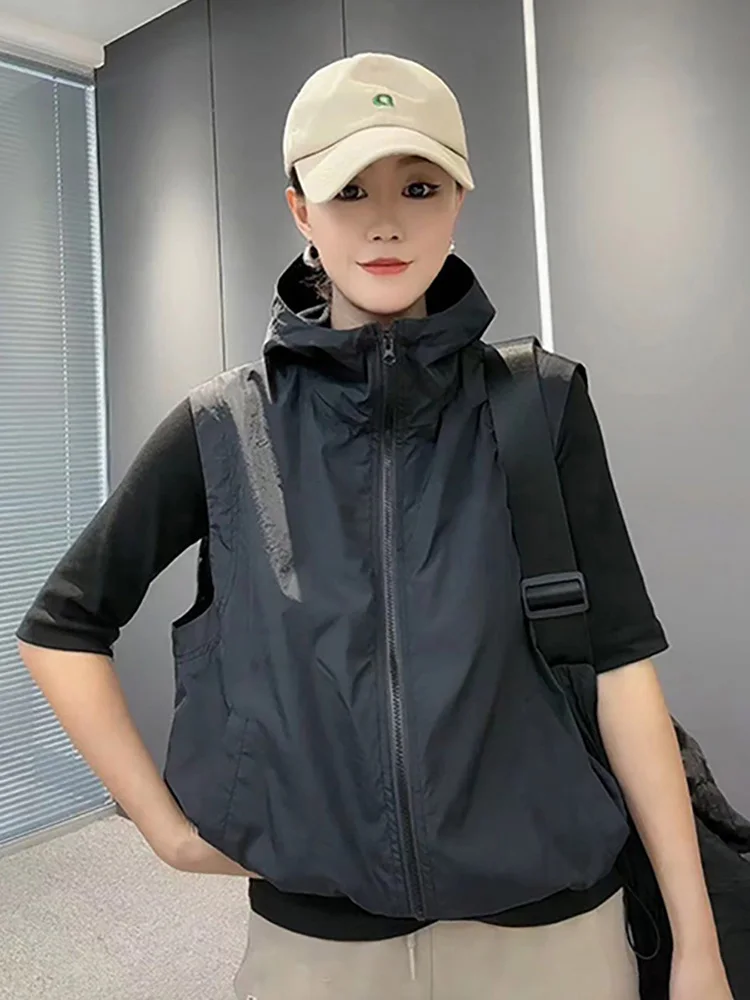 여름 새로운 캐주얼 후드 솔리드 컬러 슬리밍 유행 통기성 조끼 얇은 여름 태양 보호 겉옷 여성 자켓