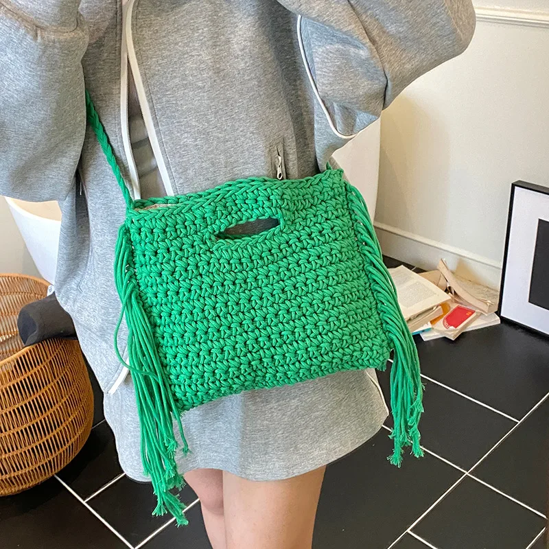 2025 Summer New Hand-weave Handbags For Women Fashion Beige Khaki Yellow Tassell Tote Shoulder Bags Crossbody Ladies Beach Bag