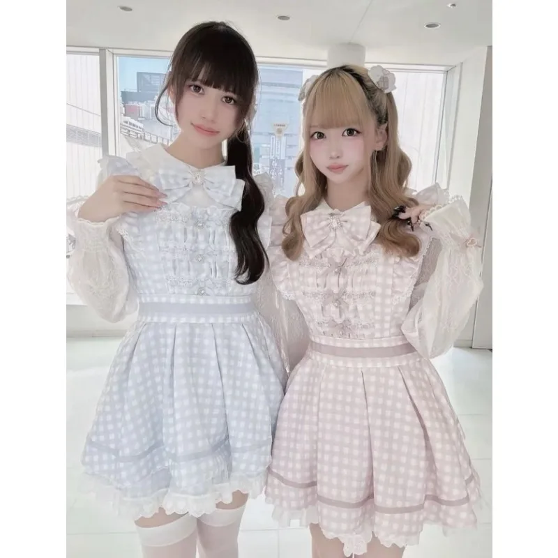 

Japanese Style Two-piece Sets for Women Heavy Industry Sweet Cute Lace Edge Bows Doll Collar Long Sleeve Dress and Shorts Set