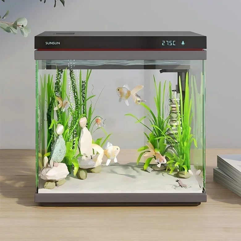 Aquariums, ZHE 30CM 38CM 48CM Ultra Clear Glass Desktop Smart Aquarium FIsh Tank With Water Pump Top Filter Temperature Display