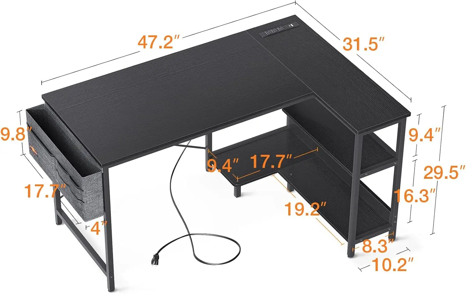 48 Inch Small L Shaped Gaming Computer Desk with Power Outlets, Reversible Storage Shelves & PC Stand for Home Office