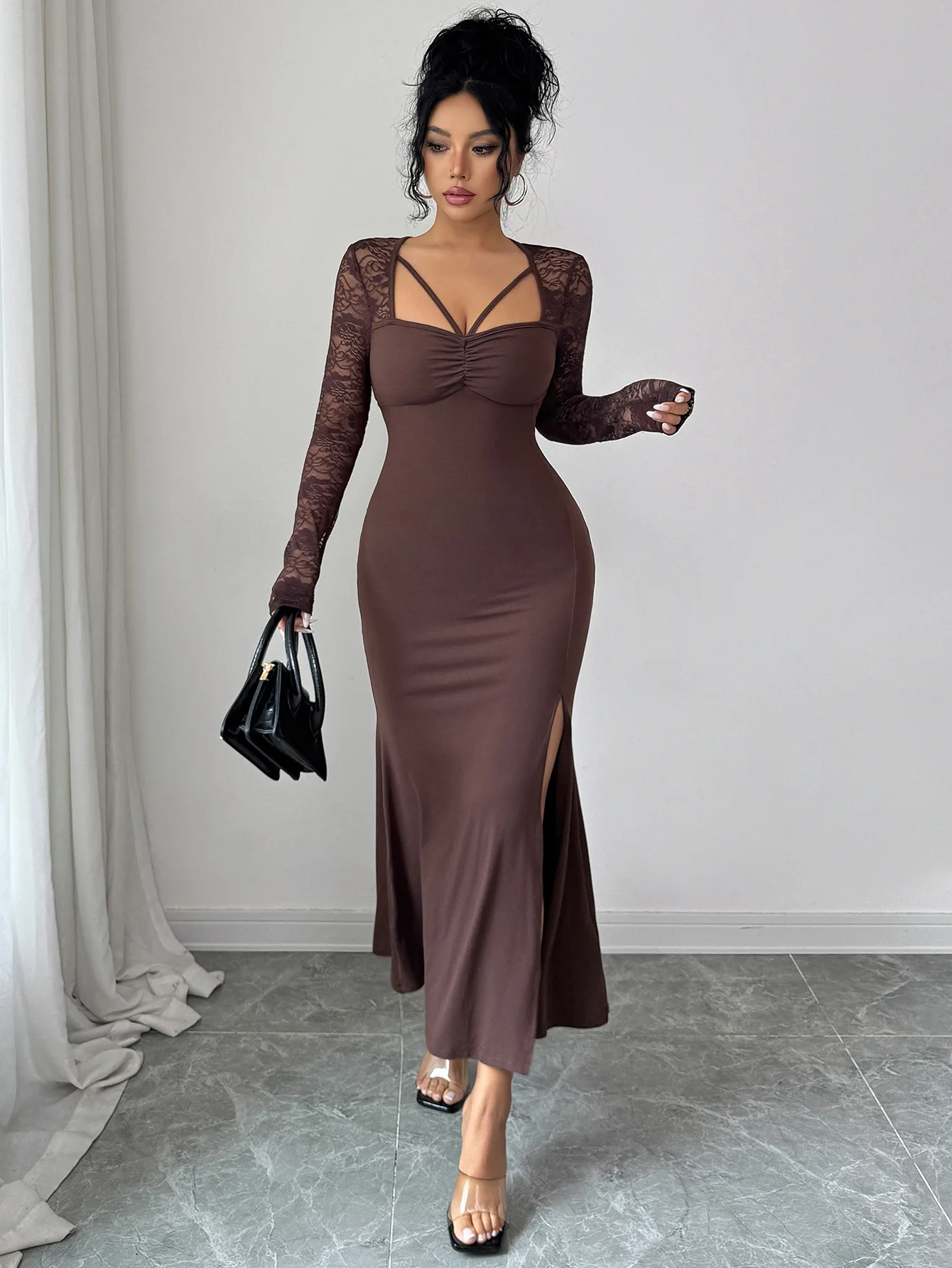 

Women's Dress Best seller V Neck Long Sleeve High Waist High Slit Midi Dress Elegant Office Party Business Wedding Guest Prom
