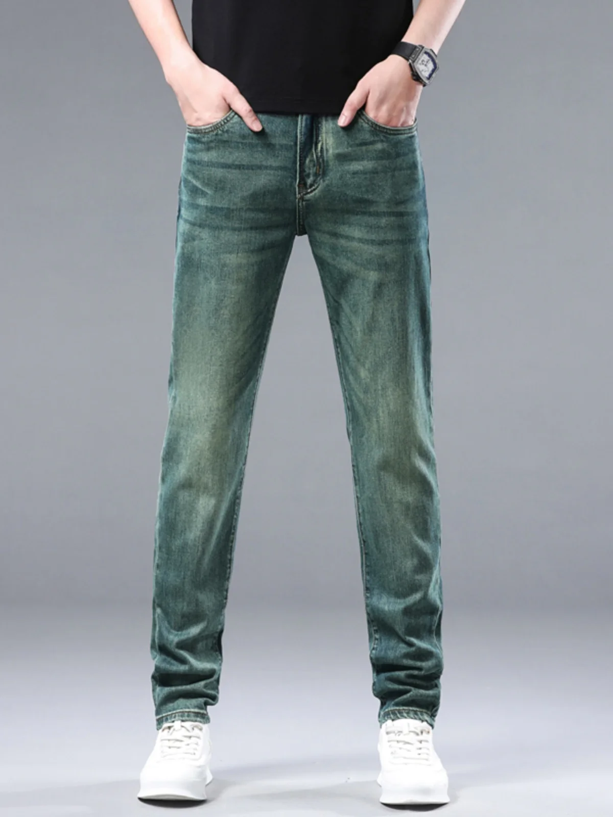 

Высококачественные ретро-джинсы для мужчин из Гонконга, изумрудно-зеленые, повседневные, прямого кроя, эластичные, облегающие, длинные брюки, молодежный тренд, летняя одежда