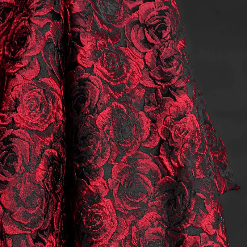 

1x1.55m Luxury Embossed Black Dark Red 3D Rose Jacquard Yarn Dyed Vintage Floral Fabric for Women Dress Bag DIY Sewing Clothing