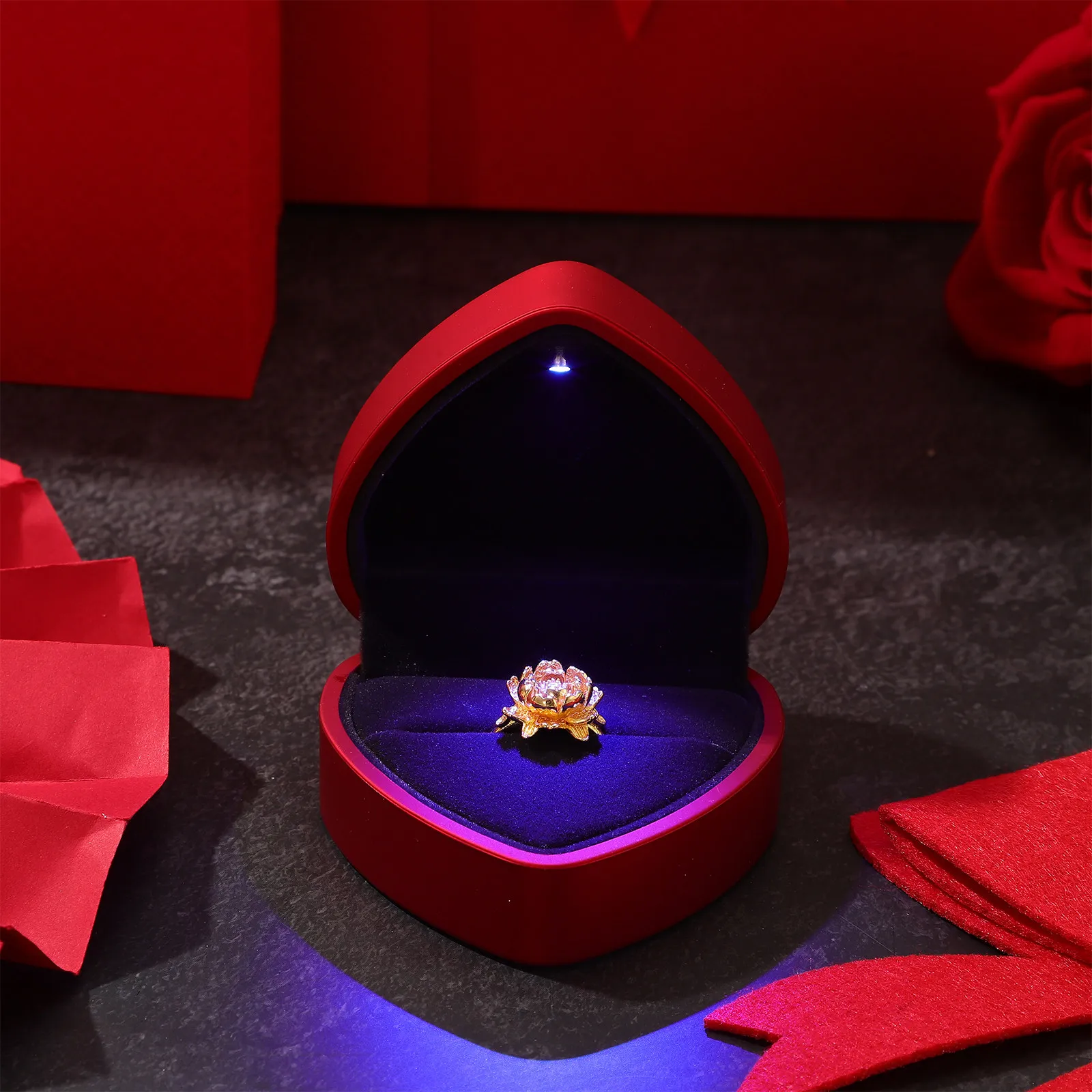 

Heart Ring Box LED Light Soft Case Secure Slot for Proposal Engagement Wedding Heart Ring Box with LED Light