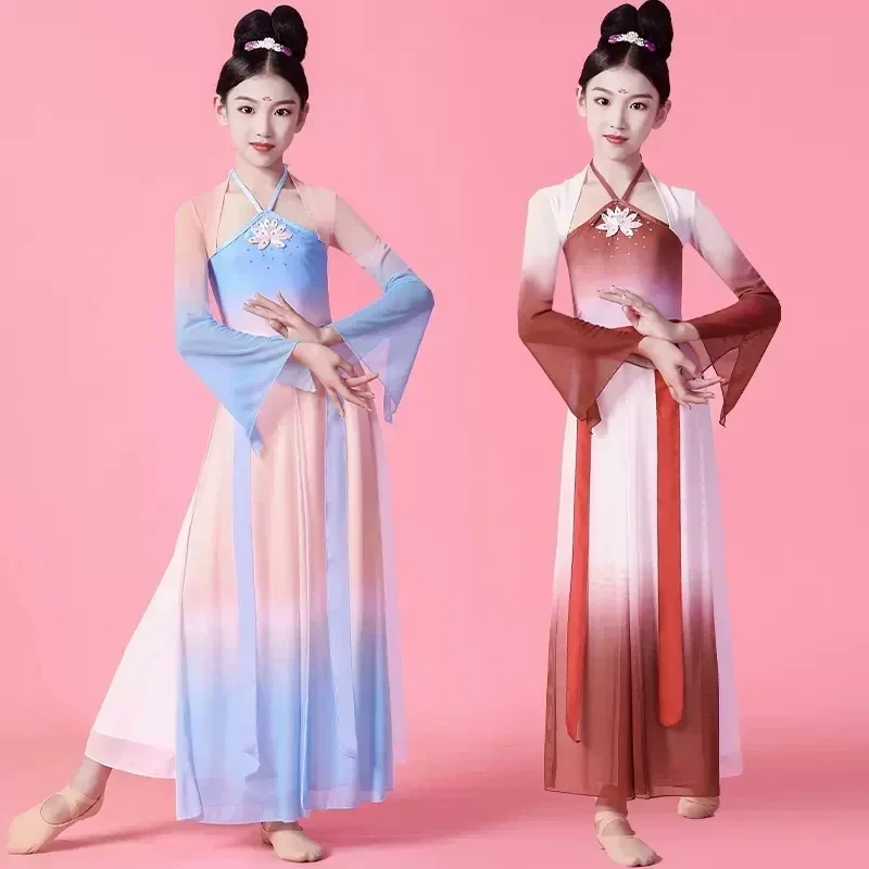 

Children's classical dance costume flowing Chinese folk dance training costume Girl fan dance ancient style Hanfu performance
