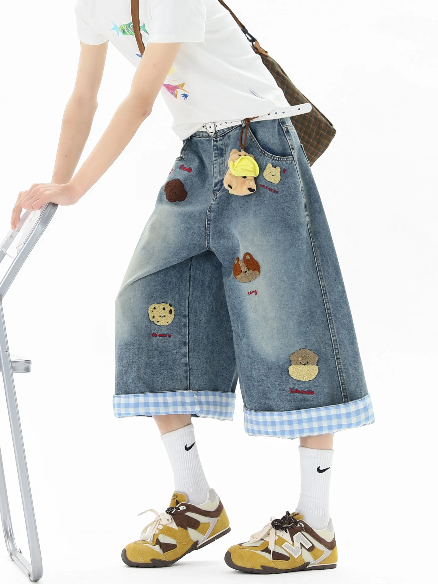 Shorts Jeans Bordados com Desenho de Desenho Animado Americano, Design Solto de Verão, Marca da Moda, Perna Larga, Calças de ...