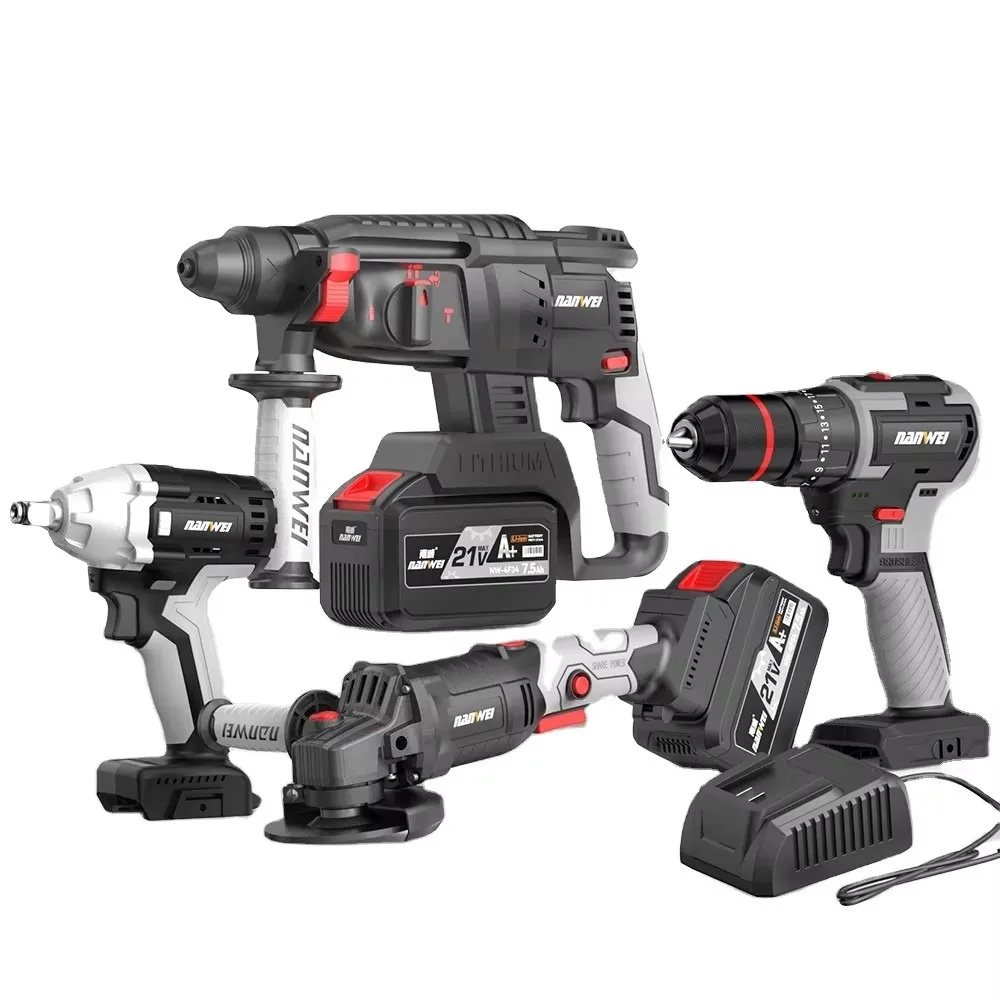 21V Cordless Hammer Drill Kit 4 Pcs Lithium Electric Power Tool Set Portable Variable Speed for Home DIY Woodworking
