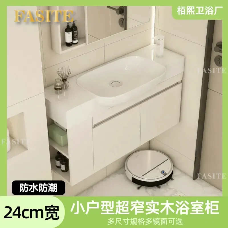 For Small Apartment Cream Style Very Narrow Multi Layer Solid Wood Bathroom Cabinet With Ceramic Integrated Basin Washbasin