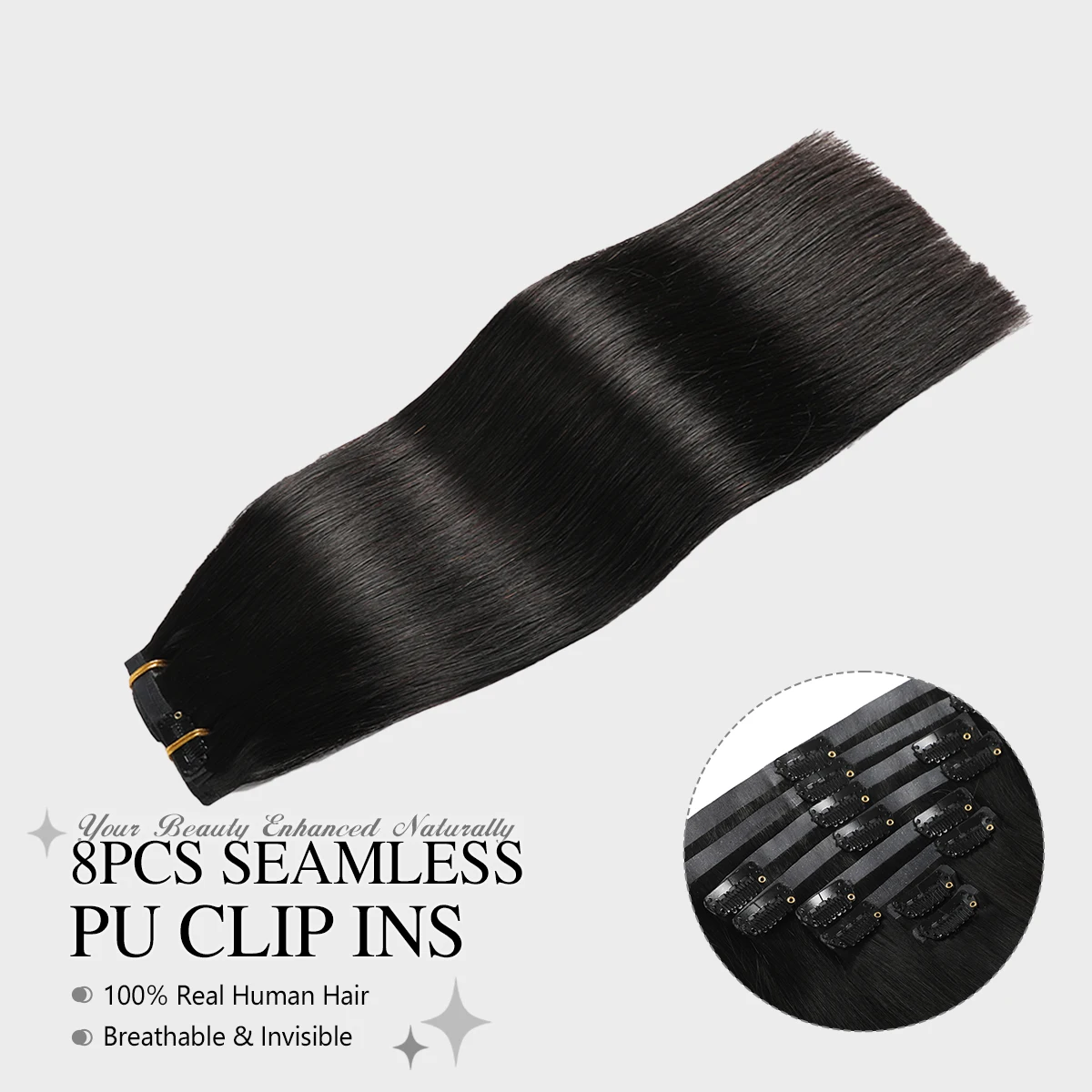 

YILITE 8 шт. Натуральные черные бесшовные накладные пряди из 100% человеческих волос, 110-120 г, невидимые, комфортные, естественно вписывающиеся