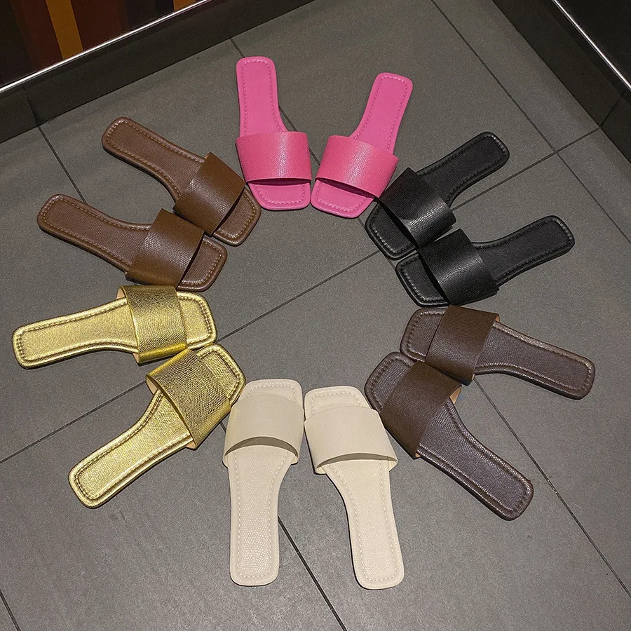 Spring and summer new lychee pattern solid color square head flat bottom comfortable casual women wear cool slippers