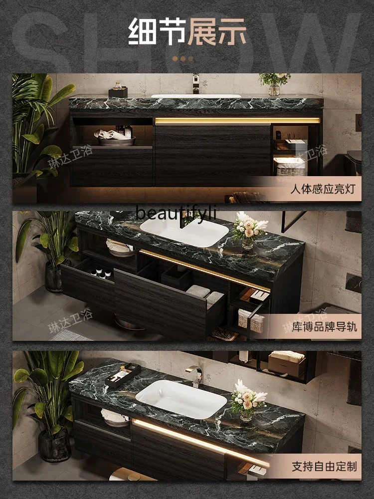Italian light luxury bathroom cabinet combination rock slab hot bending integrated basin washing table wash basin customization9