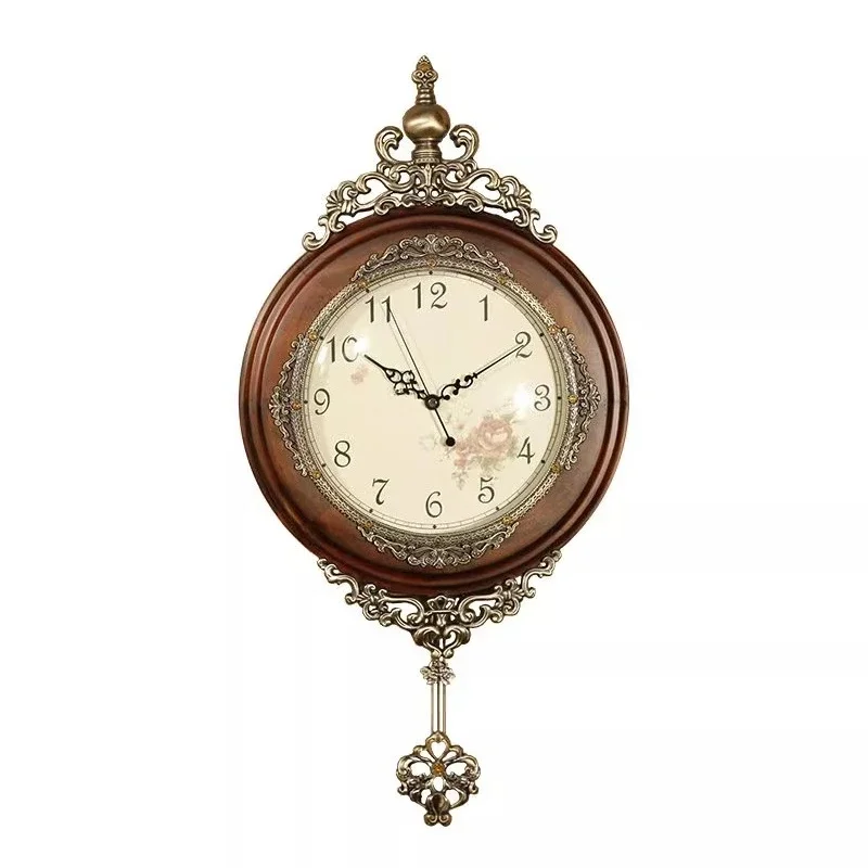 

Wall clock living room solid wood pendulum clock wall pastoral silent retro decorative clock