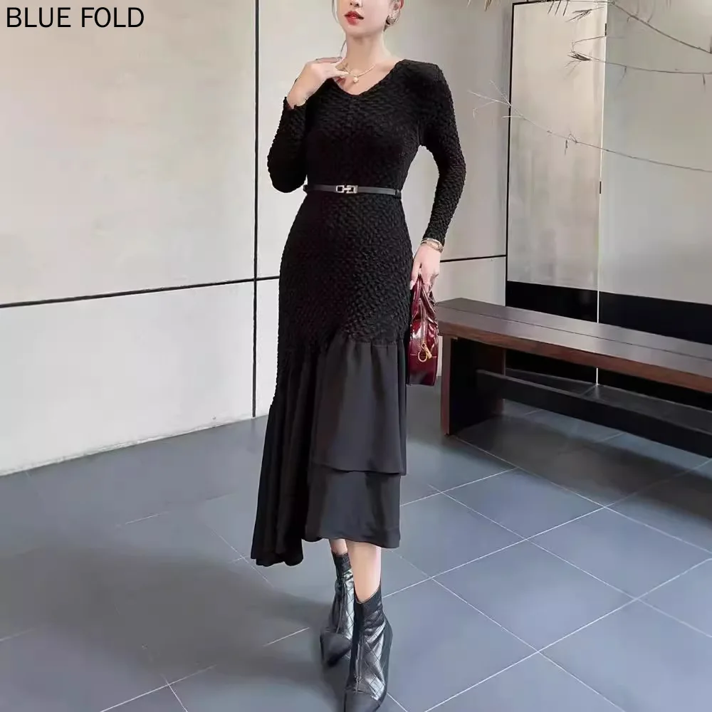 MIYAKE Pleated Dress for Women Autumn Solid Color Slim Fit Fashionable and Elegant High-grade Red Long Dress High Quality Clothe