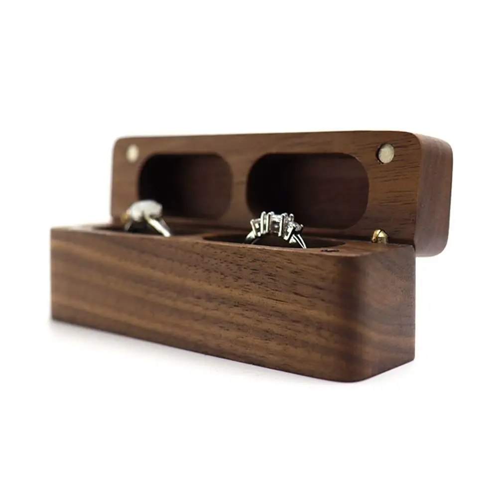 Walnut Wood Ring Box Rustic 2-Slot Flip Cover Storage Box Reusable Rectangular Wedding Ring Case Valentine's Day