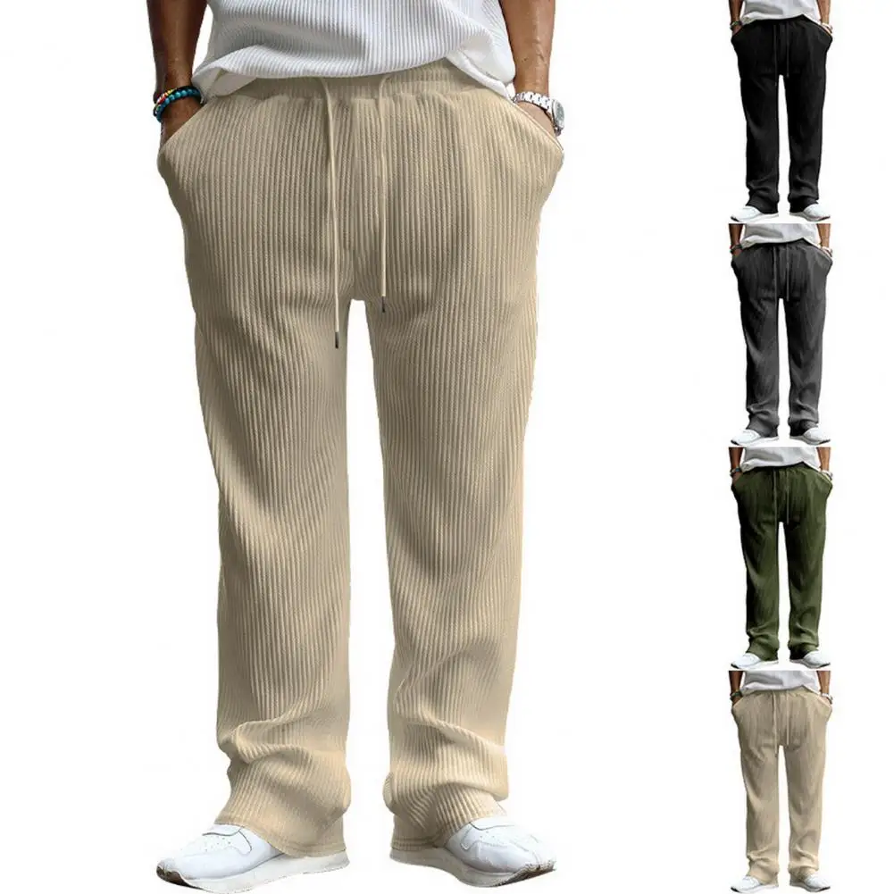 Men's Casual Wide-Leg Trousers Drawstring Waist Sweatpants with Side Pockets Straight Striped Loose Fit Trousers for Travel Outd