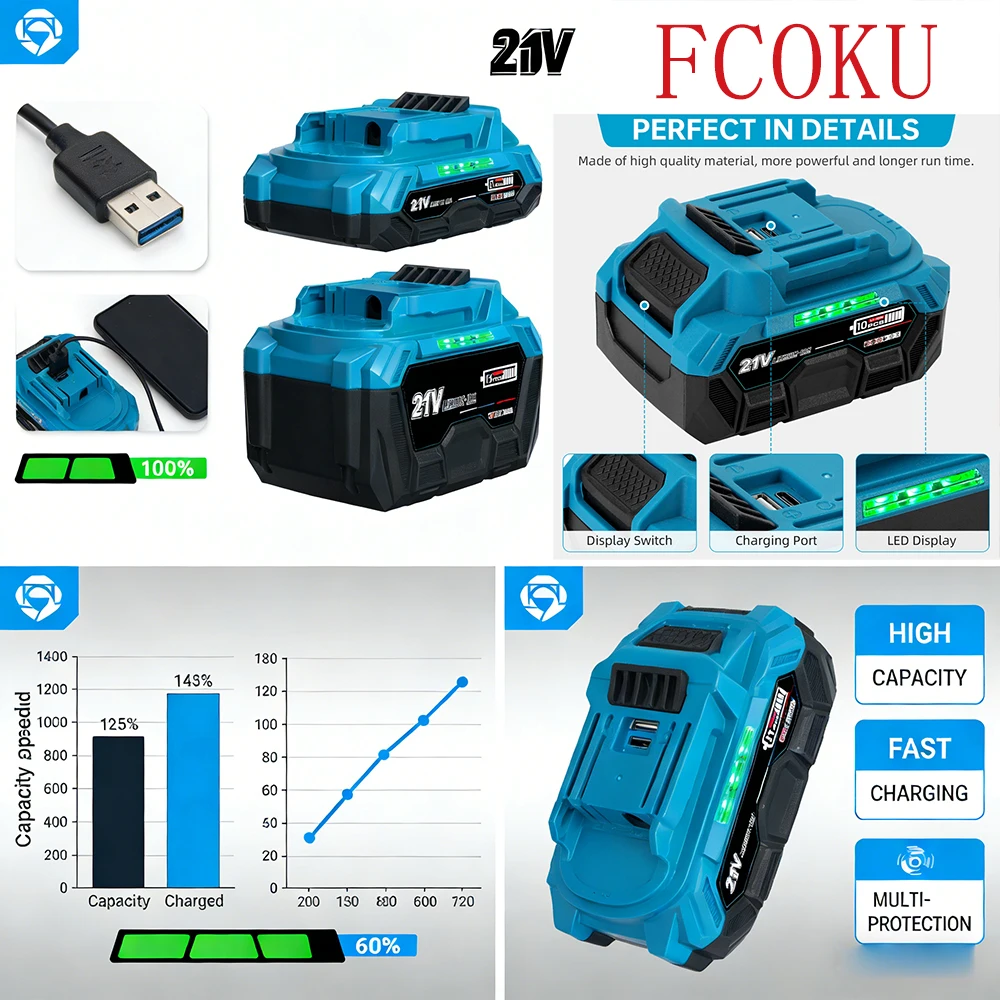 

FCOKU 21 В 3/4/6 Ач для аккумулятора Makita 18 В, замена порта зарядки типа c LXT BL1850 BL1840 для электроинструментов 18 В с BMS