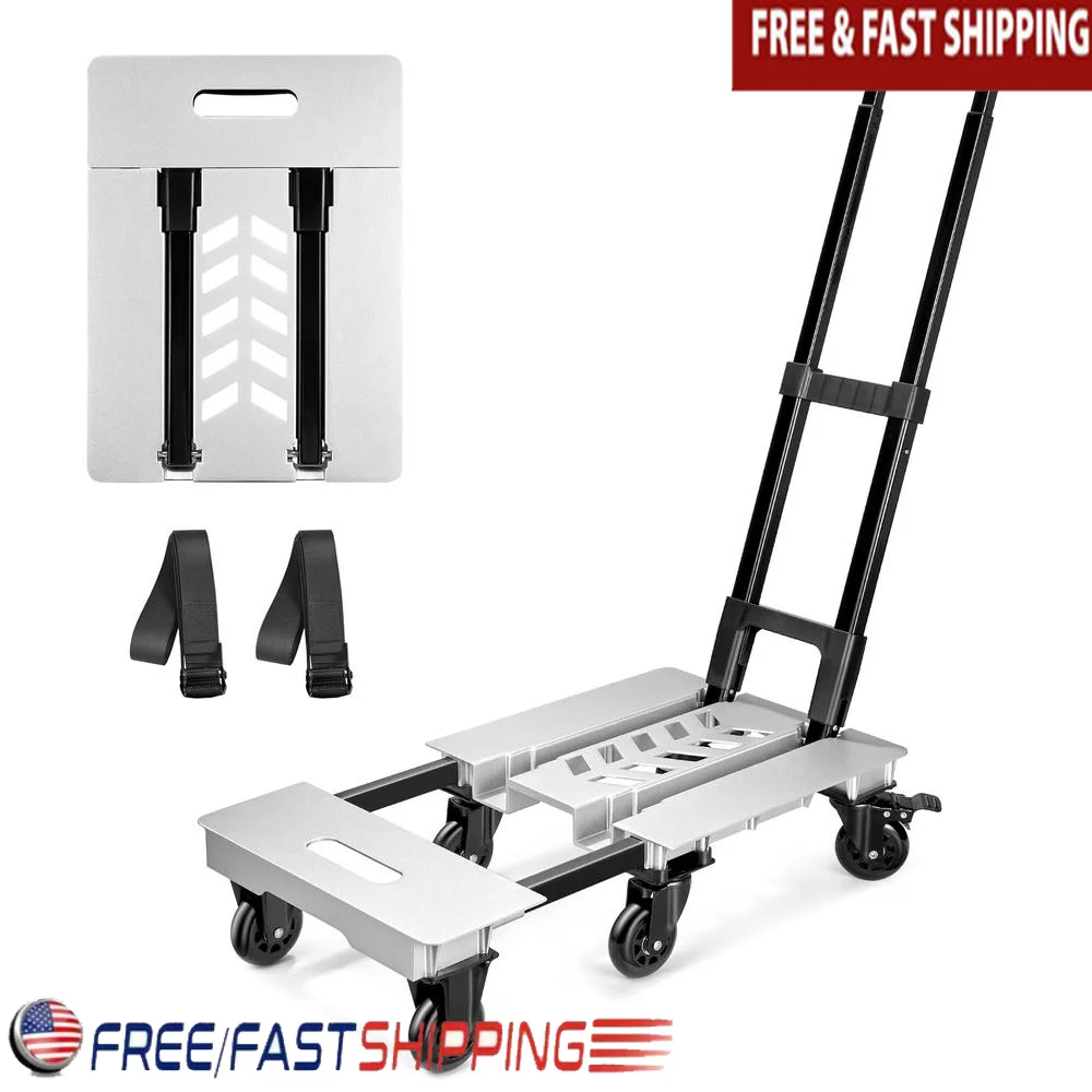 Folding Aluminum Hand Truck Dolly 600 lb Capacity Adjustable Handle 360° Swivel Wheels Heavy Duty Luggage Cart with Brake Wheels