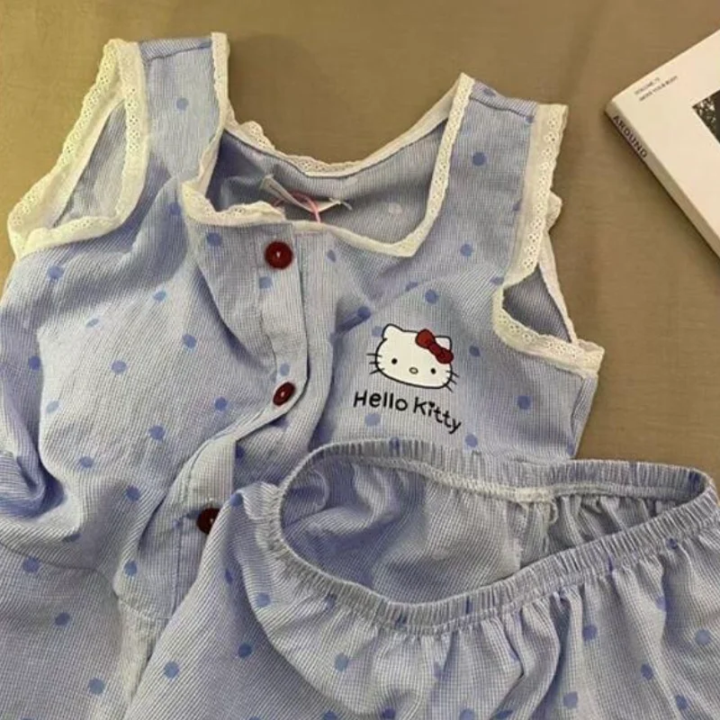 

Sanrio Hello Kitty Tops Shorts Pajama Set with Lace Trim Polka Dot Pattern for Women Fashion Sleepwear Cute Simple Summer New