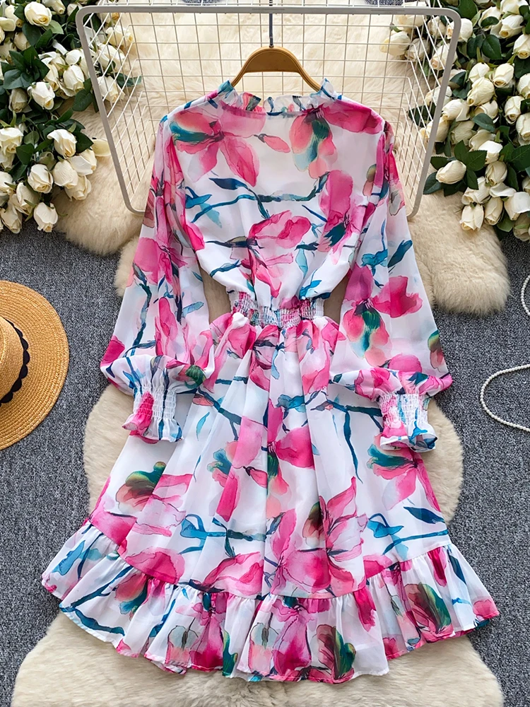 Vestido de primavera y verano para mujer, estilo de vacaciones en la playa, cuello en V, estampado Floral, mangas acampanadas, botón, hongo, mini vestidos cortos DS265