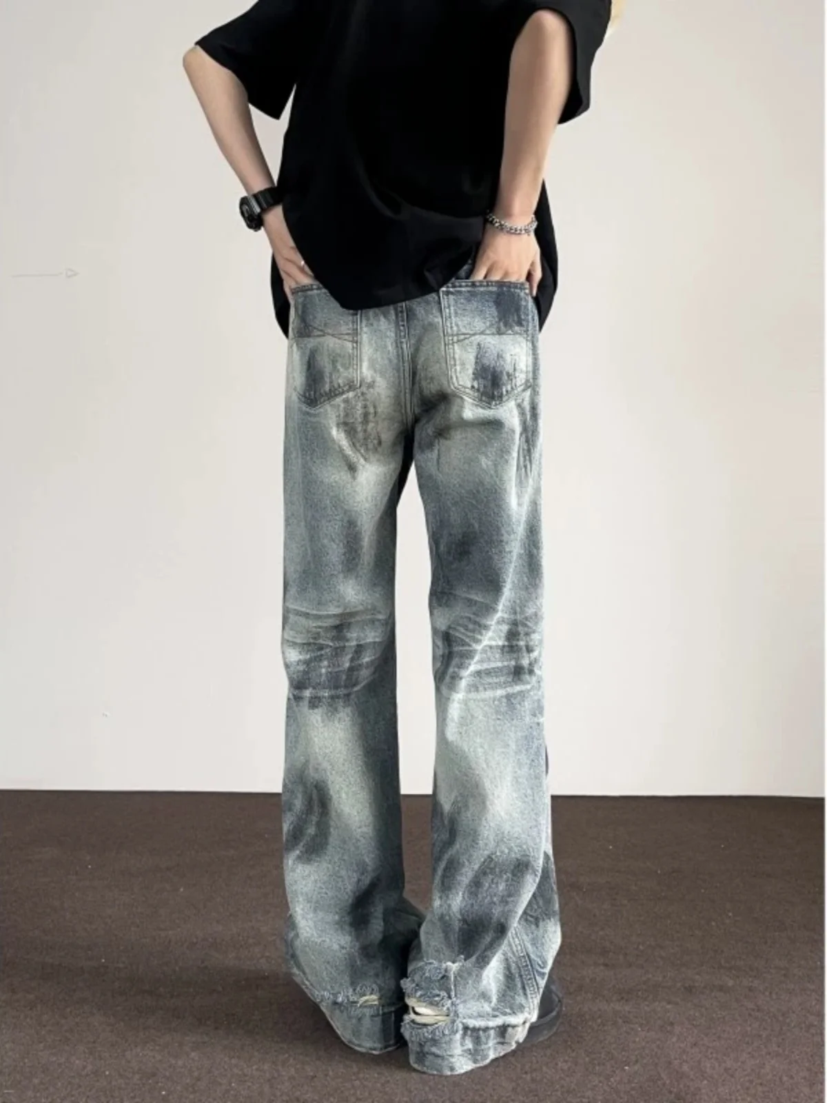 

Slim Fit High Waist Skinny Jeans Men's Autumn Thin American High Street Vibe Waed Tie Dye Floor Length Straight Leg Pants