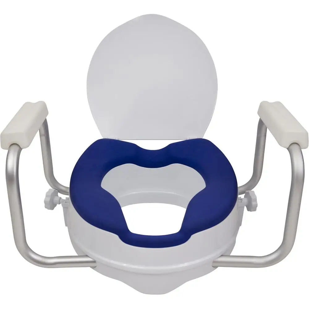 

5. Нескользящее приподнятое сиденье для унитаза со контурным встроенным сиденьем и регулируемыми подлокотниками для удлиненных унитазов.