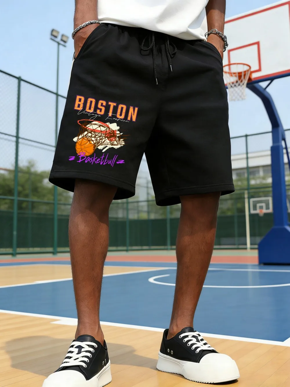 

Boston Basketball Prints Pants Mens Sporty Pocket Wide Outdoors Shorts Basics High Waisted Shorts Summer Oversized Men'S Clothes