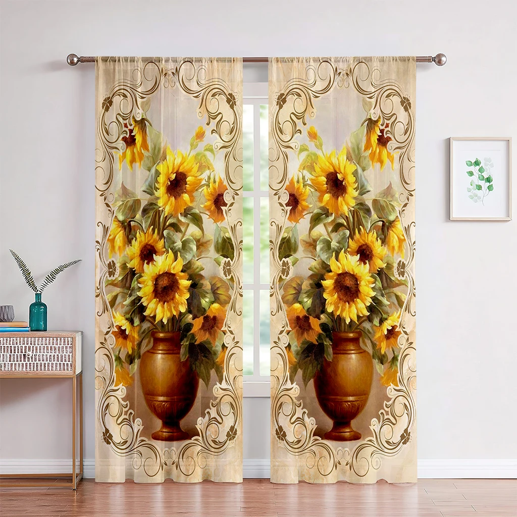 

3D Vintage Field Style Plant Sunflower Curtains 2Pcs European Farmhouse Home Living Room Bedroom Balcony Kitchen Decor Curtains