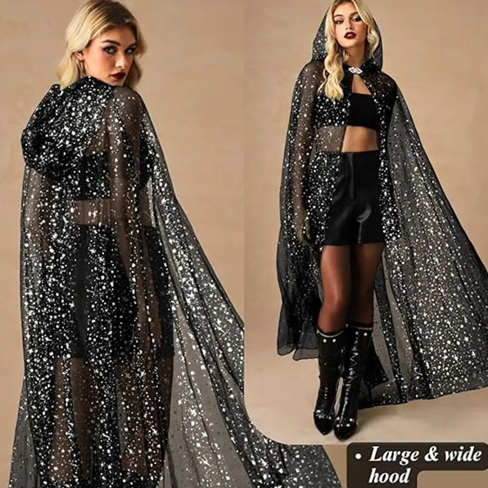 New Design with Oversized Hood Star Tulle Cape Vintage Black Color Halloween Hooded Cloak Lace-up Vintage Hooded Cape