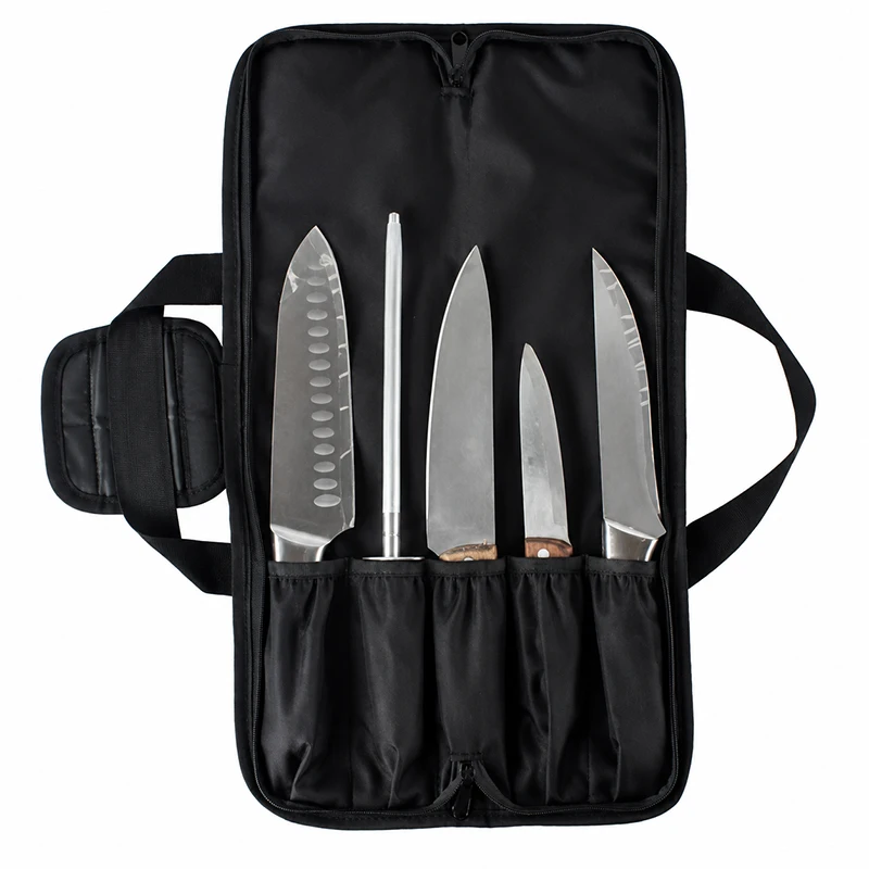 5 Slots Rolld Up Chef Knife Bag Oxford Scratch-resistant Handheld Kitchen Slicing Japanese Knife Carry Case Pocket Organizer