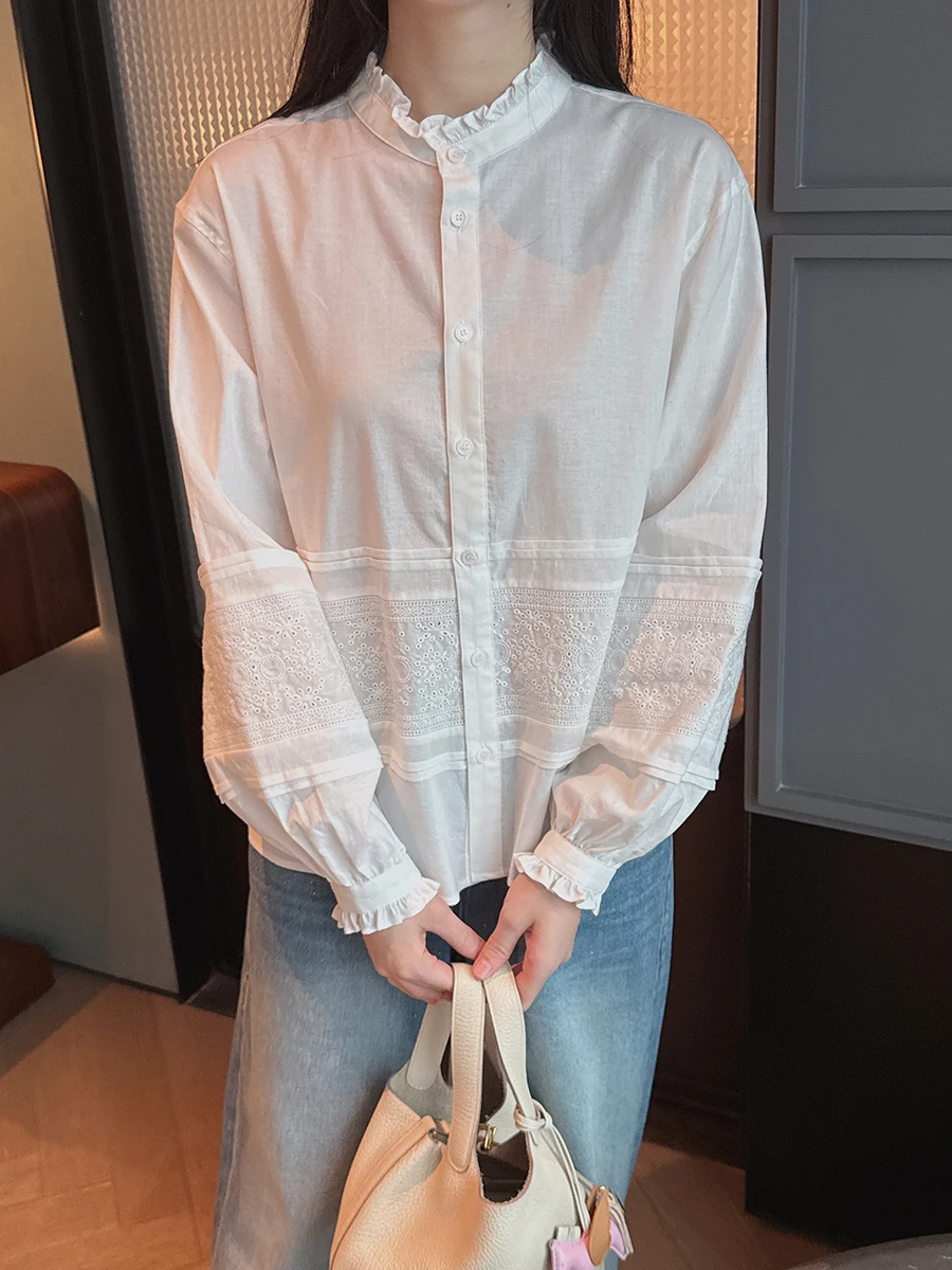 

French Sle Lace Hollow out Long Sve irt Stand Collar Embellied with Ruffle for Women Breathable Cotton Summer irt