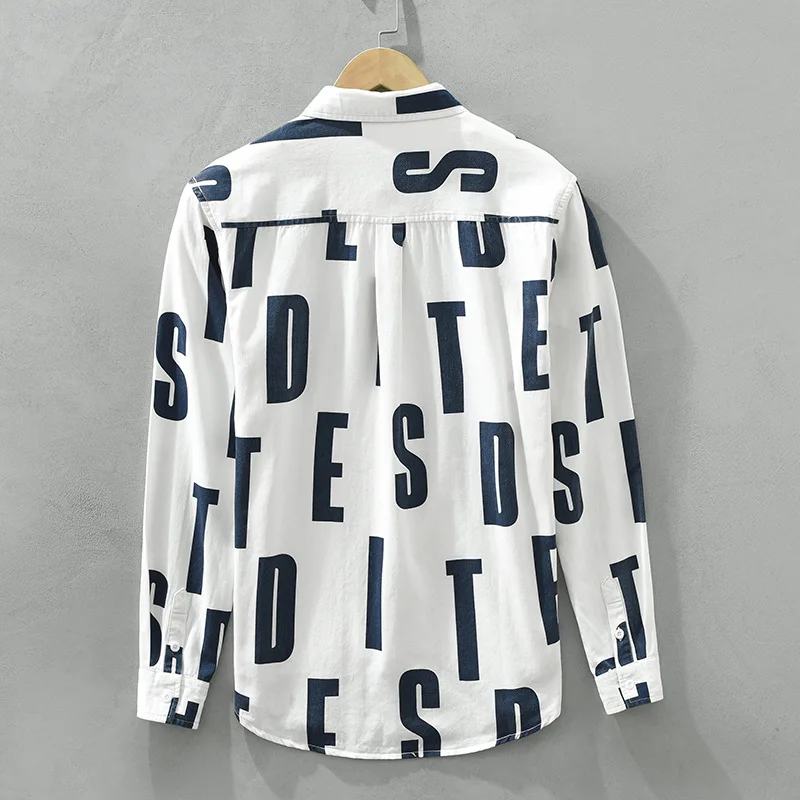 Spring Autumn Fashion Men Casual Long Sleeve Shirt Youth Streetwear Letter Print Japan Style Simple Basic Blouse Tops