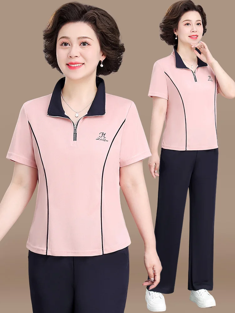 

Mom's Summer Sportswear Set Women's Casual ort Sve Faion plus Size Top And Bot Two-Piece Ensemble for Middle-Aged ...