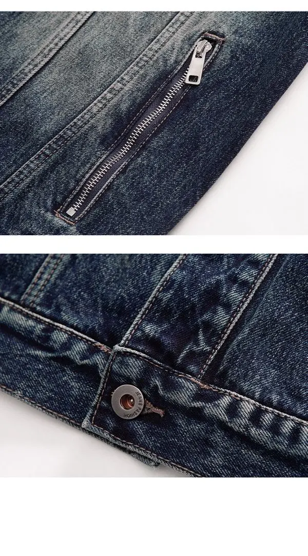 Vintage-Washed-Jeansjacke für Herren, Oversized-Jeansmantel mit Reißverschlusstaschen, Lässige Shacket-Oberbekleidung, Urban Streetwear – Detail 7