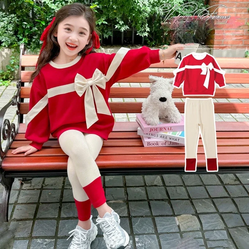 Girls' Suit Spring and Autumn New Fashion Little Girl Bow Long Sleeve Top + Leggings Two-piece Set  Girl Clothes 2-8y