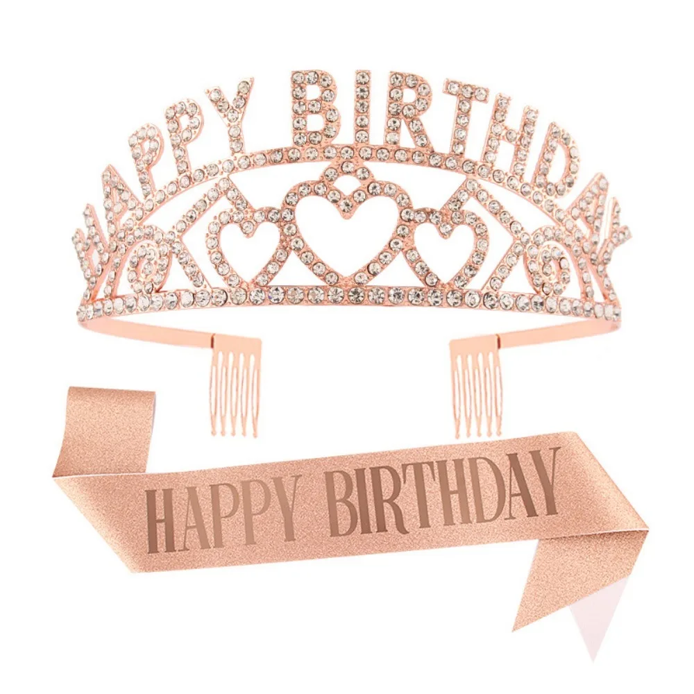 Alles Gute zum Geburtstag, Tiara und Schärpe, Roségold, glitzernde Satin-Schärpe und Stirnband für Mädchen und Frauen, alles Gute zum Geburtstag, Party-Dekorationen, Zubehör – Detail 4