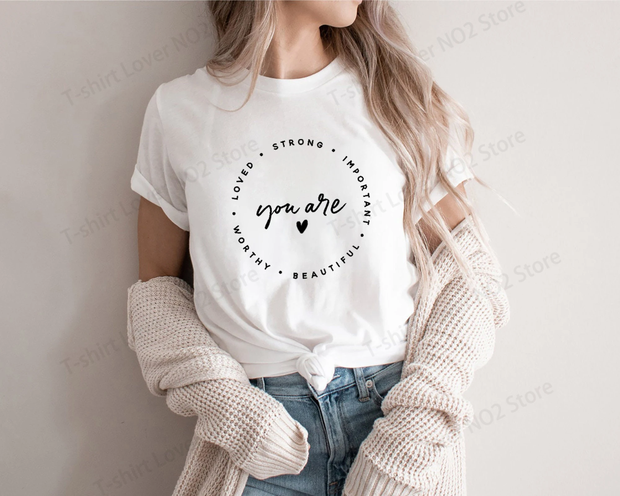 

Funny You Are Strong Loved Worthy Christian Print T-Shirt Womans Casual Tops Summer Cool T Shirt Plus Size Tops Tees