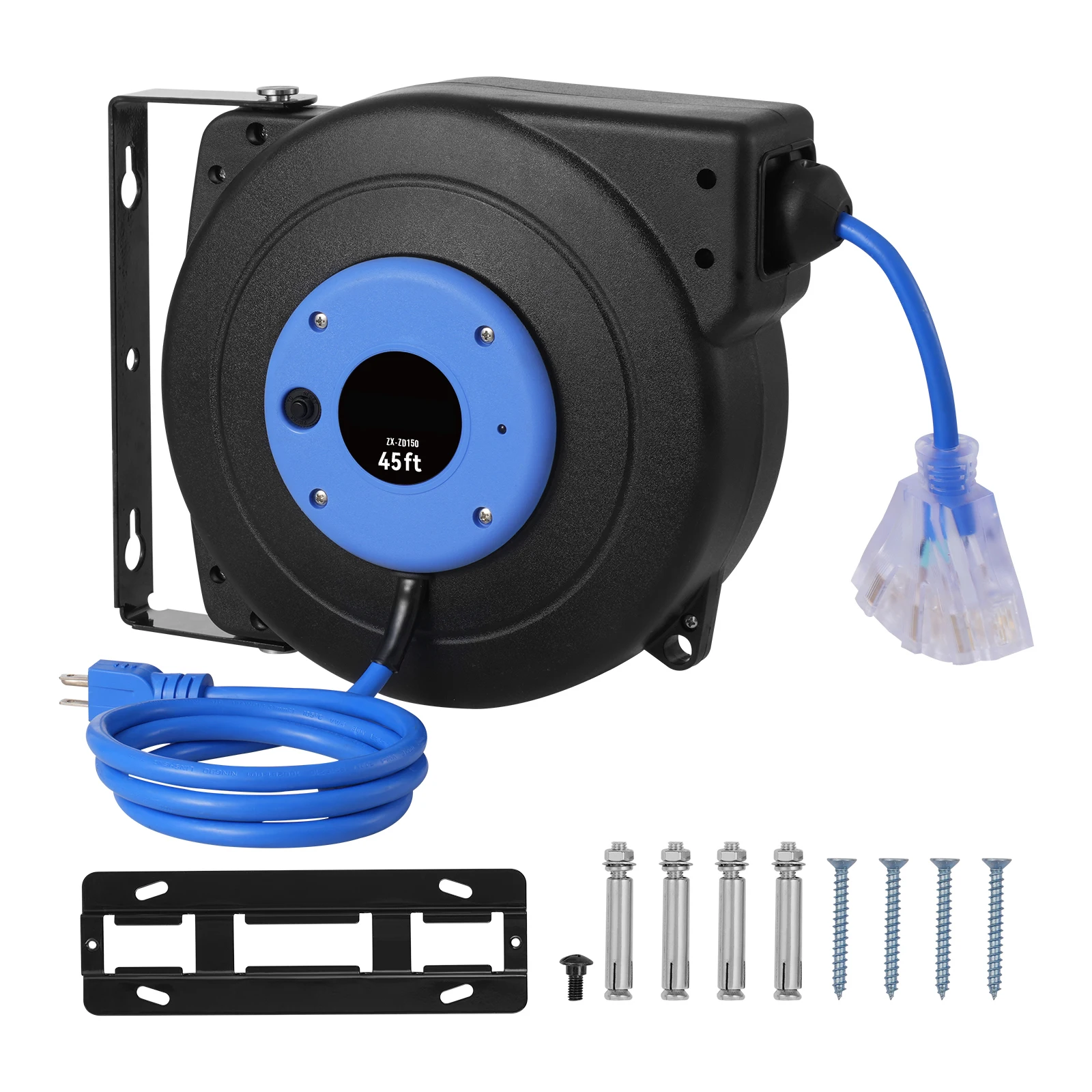 Retractable Extension Cord Reel, 45 FT, Heavy-Duty 12AWG/3C SJTOW Retractable Power Cord with Lighted Triple Tap Outlet, 15 Amp Circuit Breaker 180 °   Swivel Bracket for Ceiling or Wall Mount