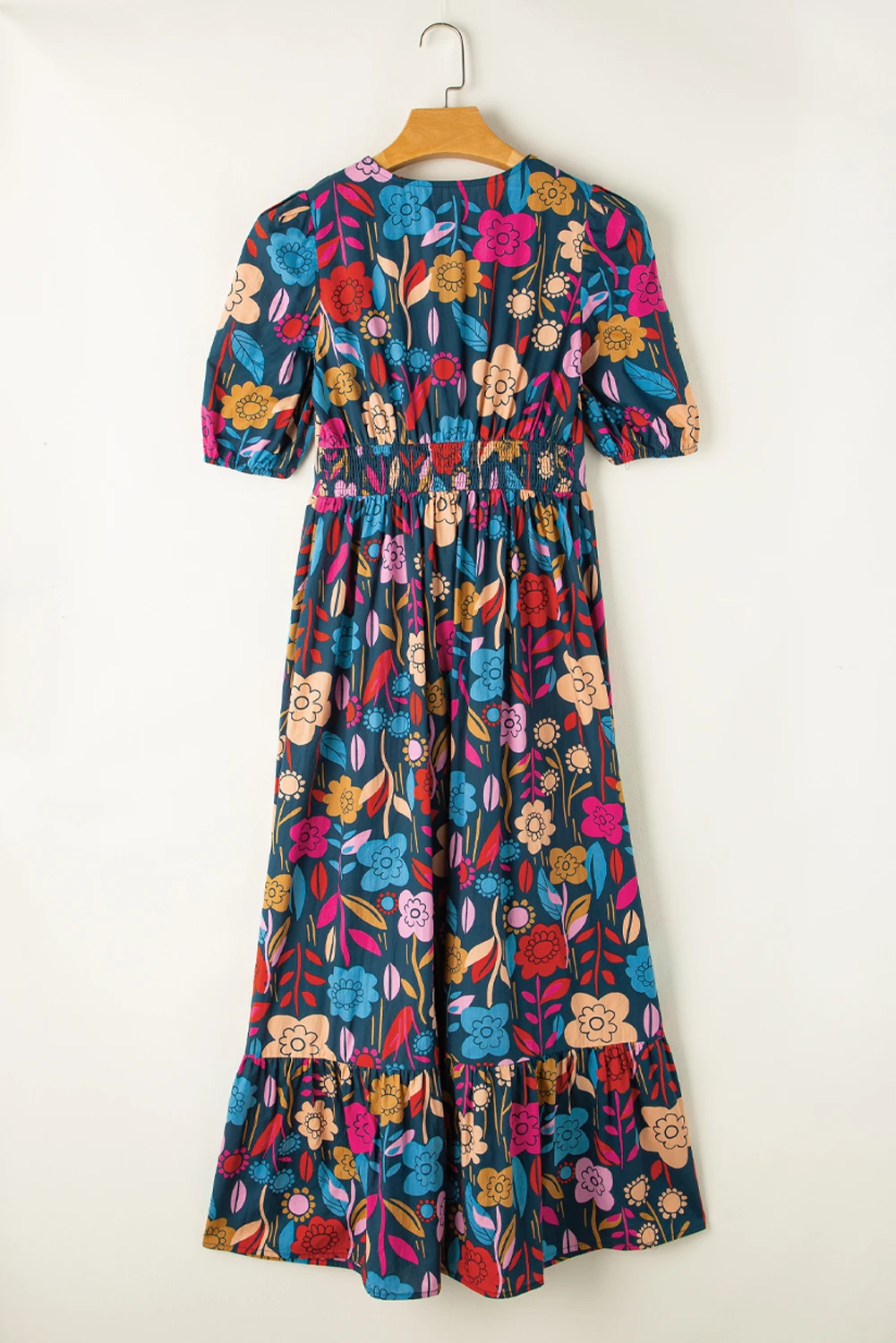 Green Retro Floral Printed Split Neck Maxi Cotton Dress